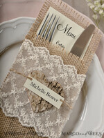MENU & PROGRAMS rustic Burlap Silverware Holder With Wooden Heart, Rustic Lace table decor, Wedding Table Set, Table Setting, Burlap table decoration, Wedding Rustic Menu4