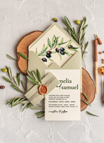 WEDDING INVITATIONS Modern Invites Floral Cards Handmade wedding invitation, Olives Tuscany Wedding invitations, Greek Travel Wedding Stationery, Natural Olives Luxury wedding Invites13