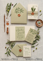 HOCHZEITS EINLADUNGEN Moderne Einladungen Florale Karten Natürliche Oliven Hochzeitskarten, elegante einfache Hochzeitskarten-Set, griechische Hochzeitsstationery, natürliche Oliven luxuriöse Hochzeitskarten Wachs Kupfer9