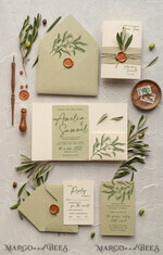 HOCHZEITS EINLADUNGEN Moderne Einladungen Florale Karten Natürliche Oliven Hochzeitskarten, elegante einfache Hochzeitskarten-Set, griechische Hochzeitsstationery, natürliche Oliven luxuriöse Hochzeitskarten Wachs Kupfer9