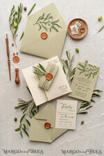 HOCHZEITS EINLADUNGEN Moderne Einladungen Florale Karten Natürliche Oliven Hochzeitskarten, elegante einfache Hochzeitskarten-Set, griechische Hochzeitsstationery, natürliche Oliven luxuriöse Hochzeitskarten Wachs Kupfer9