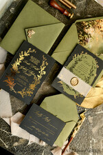 WEDDING INVITATIONS modern calligraphy / fine art Sage green  Fine Art Wedding Invitations with Gold Leaf, Deckled Edges, RSVP  qr code Silk Ribbon Bespoke Elegant Wedding Suite16