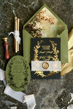 WEDDING INVITATIONS modern calligraphy / fine art Sage green  Fine Art Wedding Invitations with Gold Leaf, Deckled Edges, RSVP  qr code Silk Ribbon Bespoke Elegant Wedding Suite16