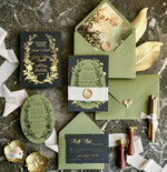 WEDDING INVITATIONS modern calligraphy / fine art Sage green  Fine Art Wedding Invitations with Gold Leaf, Deckled Edges, RSVP  qr code Silk Ribbon Bespoke Elegant Wedding Suite16