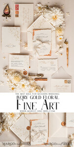 WEDDING INVITATIONS modern calligraphy / fine art Fine Art Ivory Gold Wedding Invitation, Floral Wedding Invitation, Vintage Invitation suite, Custom Wedding Venue invitation, Deckled Edge Beige Invites4