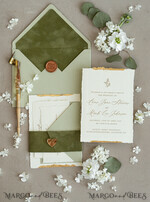 HOCHZEITS EINLADUNGEN moderne Kalligraphie / feine Kunst Feine Kunst Gold & Salbeigrüne Hochzeitseinladung, Samtgoldene Ränder Hochzeitseinladungen, Vintage Gold Einladungsset, Zerfledderte Ränder Hochzeitseinladung mit RSVP20