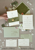 HOCHZEITS EINLADUNGEN moderne Kalligraphie / feine Kunst Feine Kunst Gold & Salbeigrüne Hochzeitseinladung, Samtgoldene Ränder Hochzeitseinladungen, Vintage Gold Einladungsset, Zerfledderte Ränder Hochzeitseinladung mit RSVP20