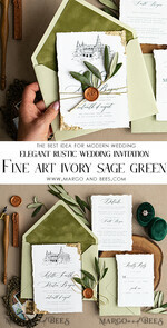HOCHZEITS EINLADUNGEN moderne Kalligraphie / feine Kunst Feine Kunst Elfenbein Salbeigrüne Hochzeitseinladung, Veranstaltungs-Skizze Hochzeitseinladungen, Vintage Goldene Einladungsreihe, Individuelle Hochzeit Veranstaltungs-Einladung, Deckled Edge Italien Einladungen mit RSVP17