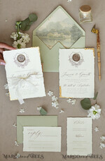 HOCHZEITS EINLADUNGEN moderne Kalligraphie / feine Kunst Fine Art Gold & Salbeigrüne Hochzeits Einladung, Samt goldene Kanten Hochzeits Einladungen, Vintage Gold Einladungen Set, Zerfledderte Kanten Hochzeits Einladung mit RSVP11