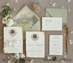 HOCHZEITS EINLADUNGEN moderne Kalligraphie / feine Kunst Fine Art Gold & Salbeigrüne Hochzeits Einladung, Samt goldene Kanten Hochzeits Einladungen, Vintage Gold Einladungen Set, Zerfledderte Kanten Hochzeits Einladung mit RSVP11