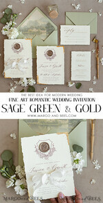 HOCHZEITS EINLADUNGEN moderne Kalligraphie / feine Kunst Fine Art Gold & Salbeigrüne Hochzeits Einladung, Samt goldene Kanten Hochzeits Einladungen, Vintage Gold Einladungen Set, Zerfledderte Kanten Hochzeits Einladung mit RSVP11