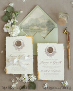 HOCHZEITS EINLADUNGEN moderne Kalligraphie / feine Kunst Fine Art Gold & Salbeigrüne Hochzeits Einladung, Samt goldene Kanten Hochzeits Einladungen, Vintage Gold Einladungen Set, Zerfledderte Kanten Hochzeits Einladung mit RSVP11