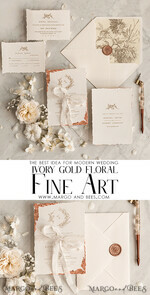 HOCHZEITS EINLADUNGEN moderne Kalligraphie / feine Kunst Feine Kunst Elfenbein Gold Hochzeitseinladung, Florale Hochzeitseinladung, Beigefarbene florale Einladungssuite, Kranz Monogram Hochzeitseinladungssuite, Gezackte Kanten Einladungen8