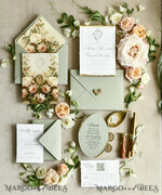 WEDDING INVITATIONS modern calligraphy / fine art Sage Green Fine Art Wedding Invitations – Deckled Edge Invitations with Silk Ribbon, Wax Seal & RSVP Options57