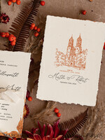 WEDDING INVITATIONS modern calligraphy / fine art Fine Art Ivory Copper Wedding Invitation, Venue Sketch Wedding Invitations, Vintage Golden Invites suite, Custom Wedding Venue invitation, Deckled Edge Terracotta Invites with rsvp4