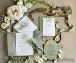 WEDDING INVITATIONS modern calligraphy / fine art Sage green  Fine Art Wedding Invitations with Gold Leaf, Deckled Edges, RSVP  qr code Silk Ribbon Bespoke Elegant Wedding Suite48