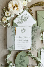 WEDDING INVITATIONS modern calligraphy / fine art Sage green  Fine Art Wedding Invitations with Gold Leaf, Deckled Edges, RSVP  qr code Silk Ribbon Bespoke Elegant Wedding Suite48