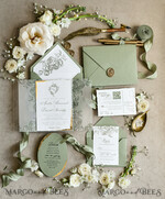WEDDING INVITATIONS modern calligraphy / fine art Sage green  Fine Art Wedding Invitations with Gold Leaf, Deckled Edges, RSVP  qr code Silk Ribbon Bespoke Elegant Wedding Suite48