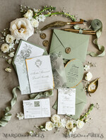 WEDDING INVITATIONS modern calligraphy / fine art Sage green  Fine Art Wedding Invitations with Gold Leaf, Deckled Edges, RSVP  qr code Silk Ribbon Bespoke Elegant Wedding Suite48