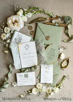 WEDDING INVITATIONS modern calligraphy / fine art Sage green  Fine Art Wedding Invitations with Gold Leaf, Deckled Edges, RSVP  qr code Silk Ribbon Bespoke Elegant Wedding Suite48