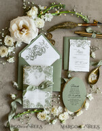 WEDDING INVITATIONS modern calligraphy / fine art Sage green  Fine Art Wedding Invitations with Gold Leaf, Deckled Edges, RSVP  qr code Silk Ribbon Bespoke Elegant Wedding Suite48