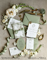 WEDDING INVITATIONS modern calligraphy / fine art Sage green  Fine Art Wedding Invitations with Gold Leaf, Deckled Edges, RSVP  qr code Silk Ribbon Bespoke Elegant Wedding Suite48