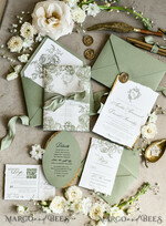 WEDDING INVITATIONS modern calligraphy / fine art Sage green  Fine Art Wedding Invitations with Gold Leaf, Deckled Edges, RSVP  qr code Silk Ribbon Bespoke Elegant Wedding Suite48