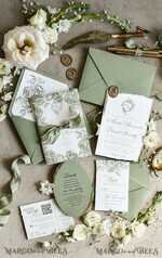 WEDDING INVITATIONS modern calligraphy / fine art Sage green  Fine Art Wedding Invitations with Gold Leaf, Deckled Edges, RSVP  qr code Silk Ribbon Bespoke Elegant Wedding Suite48