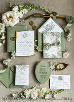 WEDDING INVITATIONS modern calligraphy / fine art Sage green  Fine Art Wedding Invitations with Gold Leaf, Deckled Edges, RSVP  qr code Silk Ribbon Bespoke Elegant Wedding Suite48