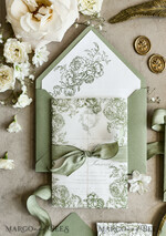 WEDDING INVITATIONS modern calligraphy / fine art Sage green  Fine Art Wedding Invitations with Gold Leaf, Deckled Edges, RSVP  qr code Silk Ribbon Bespoke Elegant Wedding Suite48