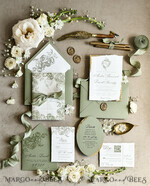 WEDDING INVITATIONS modern calligraphy / fine art Sage green  Fine Art Wedding Invitations with Gold Leaf, Deckled Edges, RSVP  qr code Silk Ribbon Bespoke Elegant Wedding Suite48