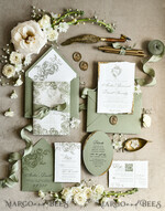 WEDDING INVITATIONS modern calligraphy / fine art Sage green  Fine Art Wedding Invitations with Gold Leaf, Deckled Edges, RSVP  qr code Silk Ribbon Bespoke Elegant Wedding Suite48