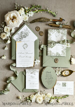 WEDDING INVITATIONS modern calligraphy / fine art Sage green  Fine Art Wedding Invitations with Gold Leaf, Deckled Edges, RSVP  qr code Silk Ribbon Bespoke Elegant Wedding Suite48