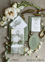 WEDDING INVITATIONS modern calligraphy / fine art Sage green  Fine Art Wedding Invitations with Gold Leaf, Deckled Edges, RSVP  qr code Silk Ribbon Bespoke Elegant Wedding Suite48