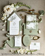 WEDDING INVITATIONS modern calligraphy / fine art Sage green  Fine Art Wedding Invitations with Gold Leaf, Deckled Edges, RSVP  qr code Silk Ribbon Bespoke Elegant Wedding Suite48