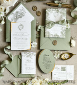 WEDDING INVITATIONS modern calligraphy / fine art Sage green  Fine Art Wedding Invitations with Gold Leaf, Deckled Edges, RSVP  qr code Silk Ribbon Bespoke Elegant Wedding Suite48