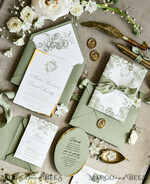 WEDDING INVITATIONS modern calligraphy / fine art Sage green  Fine Art Wedding Invitations with Gold Leaf, Deckled Edges, RSVP  qr code Silk Ribbon Bespoke Elegant Wedding Suite48