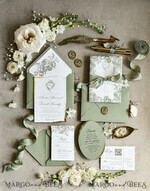 WEDDING INVITATIONS modern calligraphy / fine art Sage green  Fine Art Wedding Invitations with Gold Leaf, Deckled Edges, RSVP  qr code Silk Ribbon Bespoke Elegant Wedding Suite48