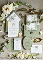 WEDDING INVITATIONS modern calligraphy / fine art Sage green  Fine Art Wedding Invitations with Gold Leaf, Deckled Edges, RSVP  qr code Silk Ribbon Bespoke Elegant Wedding Suite48