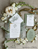 WEDDING INVITATIONS modern calligraphy / fine art Sage green  Fine Art Wedding Invitations with Gold Leaf, Deckled Edges, RSVP  qr code Silk Ribbon Bespoke Elegant Wedding Suite48