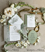 WEDDING INVITATIONS modern calligraphy / fine art Sage green  Fine Art Wedding Invitations with Gold Leaf, Deckled Edges, RSVP  qr code Silk Ribbon Bespoke Elegant Wedding Suite48