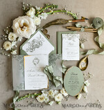 WEDDING INVITATIONS modern calligraphy / fine art Sage green  Fine Art Wedding Invitations with Gold Leaf, Deckled Edges, RSVP  qr code Silk Ribbon Bespoke Elegant Wedding Suite48