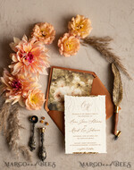 WEDDING INVITATIONS modern calligraphy / fine art Fall Fine Art Embossed Ivory Gold Wedding Invitation, Pampass Grass Floral Wedding Invitation, Boho Burnt Orange Invitation suite,  Wax Seal Monogram wedding invitation suite, Deckled Edge Invites, Torn Edge Wedding Invitations golden,18