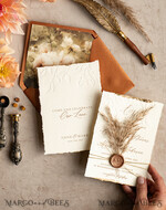 WEDDING INVITATIONS modern calligraphy / fine art Fall Fine Art Embossed Ivory Gold Wedding Invitation, Pampass Grass Floral Wedding Invitation, Boho Burnt Orange Invitation suite,  Wax Seal Monogram wedding invitation suite, Deckled Edge Invites, Torn Edge Wedding Invitations golden,18