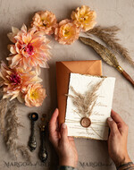 WEDDING INVITATIONS modern calligraphy / fine art Fall Fine Art Embossed Ivory Gold Wedding Invitation, Pampass Grass Floral Wedding Invitation, Boho Burnt Orange Invitation suite,  Wax Seal Monogram wedding invitation suite, Deckled Edge Invites, Torn Edge Wedding Invitations golden,18