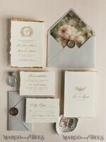 HOCHZEITS EINLADUNGEN moderne Kalligraphie / feine Kunst Prägung aus Elfenbein Gold Hochzeitseinladung, Florale Hochzeitseinladung, Toskana Italien Einladungssuite, Kranz Monogramm Hochzeitseinladungssuite, Fransenrand Einladungen, Zerrissene Kante Hochzeitseinladungen gold, Feine Kunst Hochzeitseinladungssuite, Fransenrand Papier5