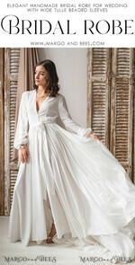 Long Bridal robe for wedding with Train Robe wide sleeves Silk Bride robe Long white robe silky boudoir robe Dressing gown Bridesmaid gift