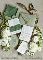 WEDDING INVITATIONS embossed invites  Bespoke Embossed Blind Sage green Gold Wedding Invitation, Golden greenery deboss Roses Floral Wedding Invitation, Boho Ecru Garden Debossed Invitation suite,  Cotton paper wedding invitation suite, Deckled Edge Invites, Torn Edge Wedding Invitations golden38