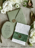 WEDDING INVITATIONS embossed invites  Bespoke Embossed Blind Sage green Gold Wedding Invitation, Golden greenery deboss Roses Floral Wedding Invitation, Boho Ecru Garden Debossed Invitation suite,  Cotton paper wedding invitation suite, Deckled Edge Invites, Torn Edge Wedding Invitations golden38