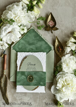 WEDDING INVITATIONS embossed invites  Bespoke Embossed Blind Sage green Gold Wedding Invitation, Golden greenery deboss Roses Floral Wedding Invitation, Boho Ecru Garden Debossed Invitation suite,  Cotton paper wedding invitation suite, Deckled Edge Invites, Torn Edge Wedding Invitations golden38